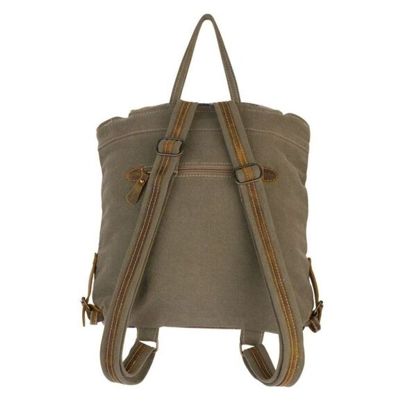 Myra Bag Handmade Grey Backpack Upcycled Canvas & Cowhide Leather